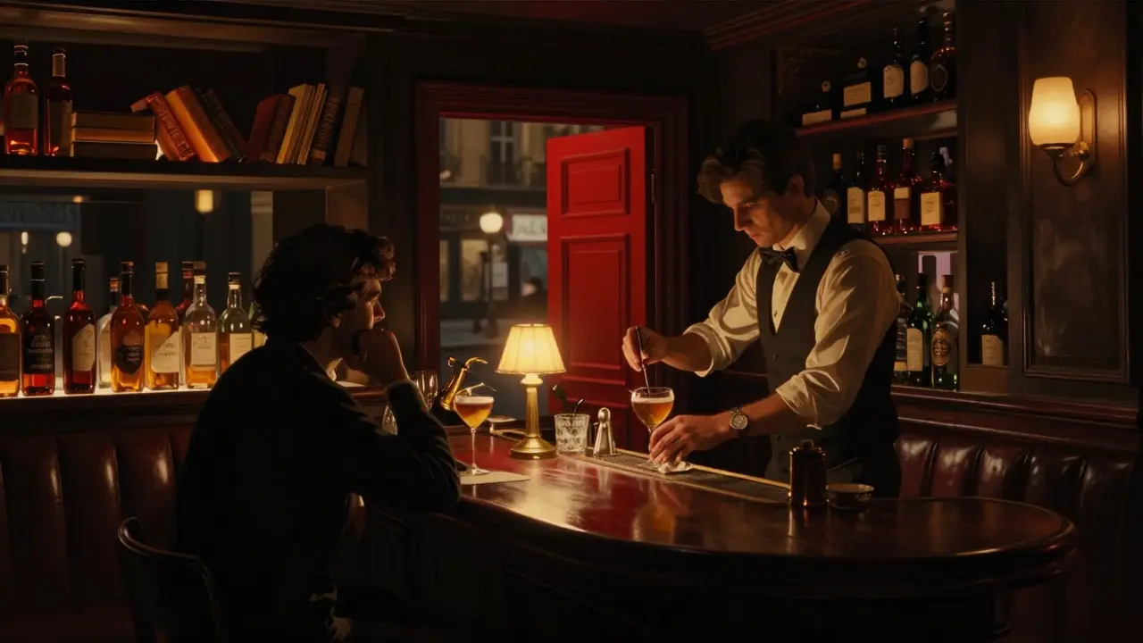 Hidden speakeasy with dim lighting, leather booths, shelves of books, and a bartender mixing a drink.