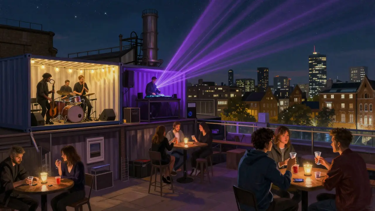 Industrial venue with jazz trio in shipping container and techno DJ under purple lasers.