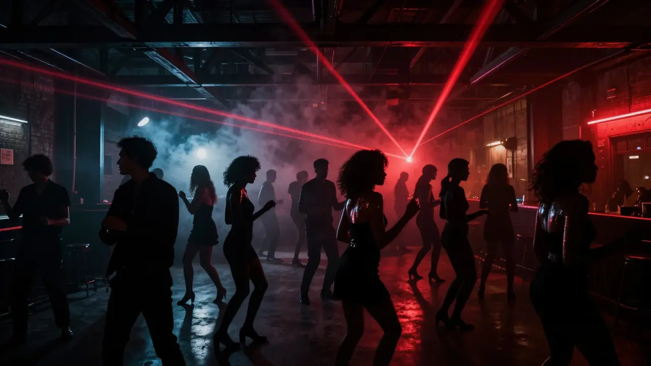 Inside Alcatraz club, crowd dancing under strobe lights and red lasers in a dark industrial warehouse.