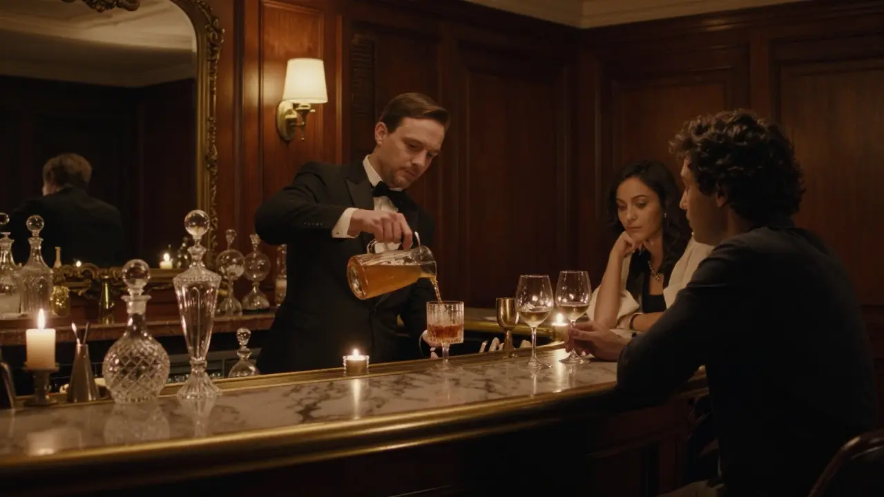 Intimate lounge inside Hôtel de Paris with bartender pouring a cocktail by candlelight.