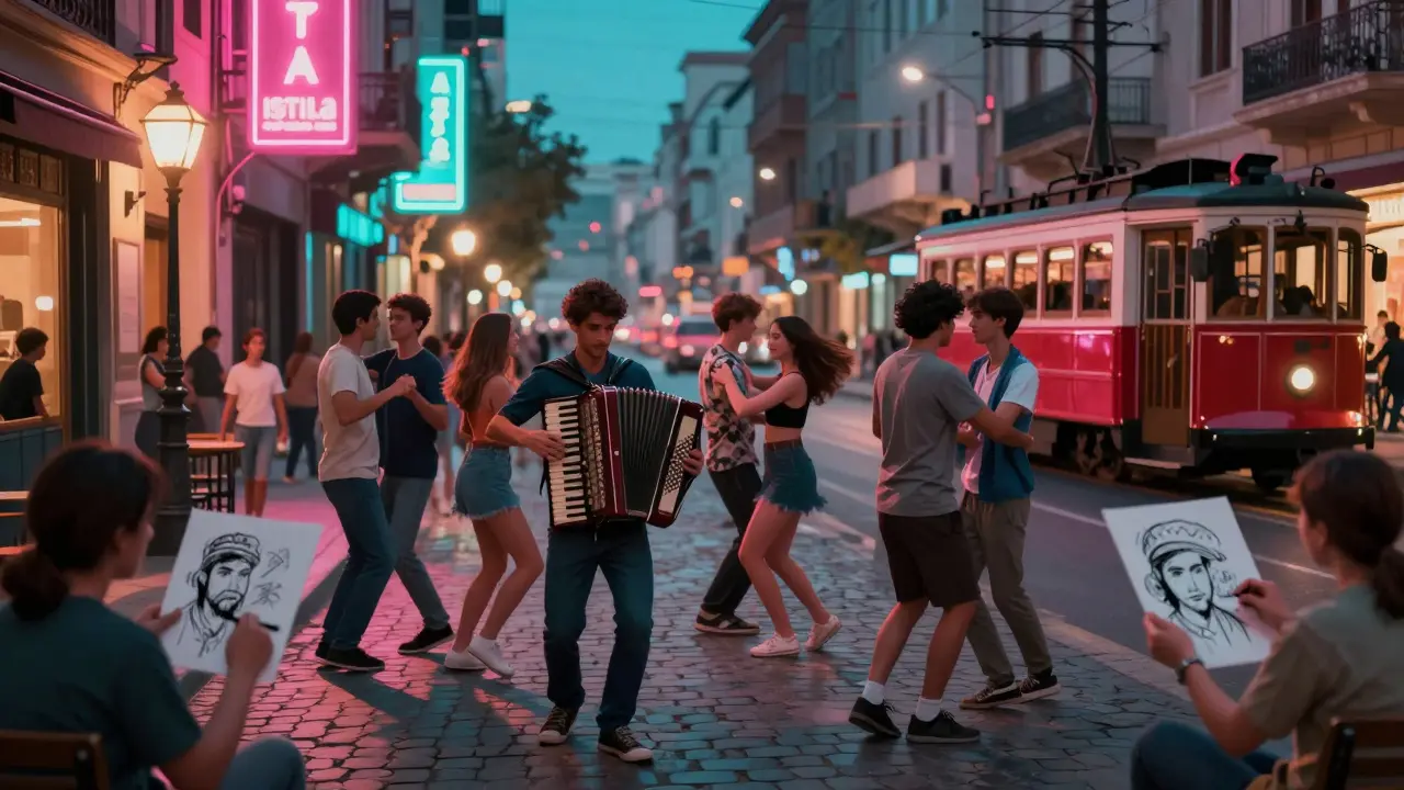 Istiklal Avenue after midnight with street musicians, dancing teens, and neon signs illuminating cobblestones.