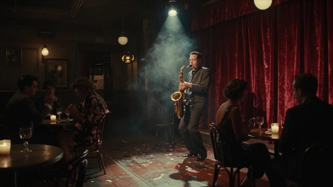 Jazz club interior with saxophonist playing and patrons dancing in dim light