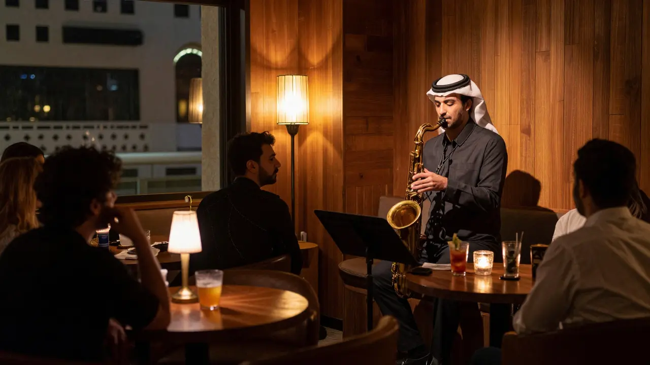 Jazz saxophonist performing in a cozy dimly lit lounge with attentive listeners.