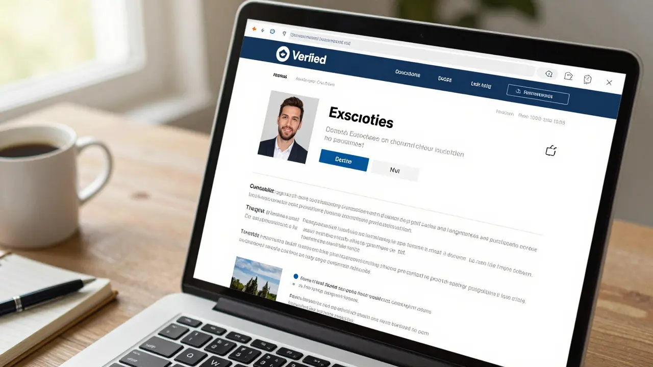 Laptop screen showing a verified escort profile with real photos and detailed reviews.