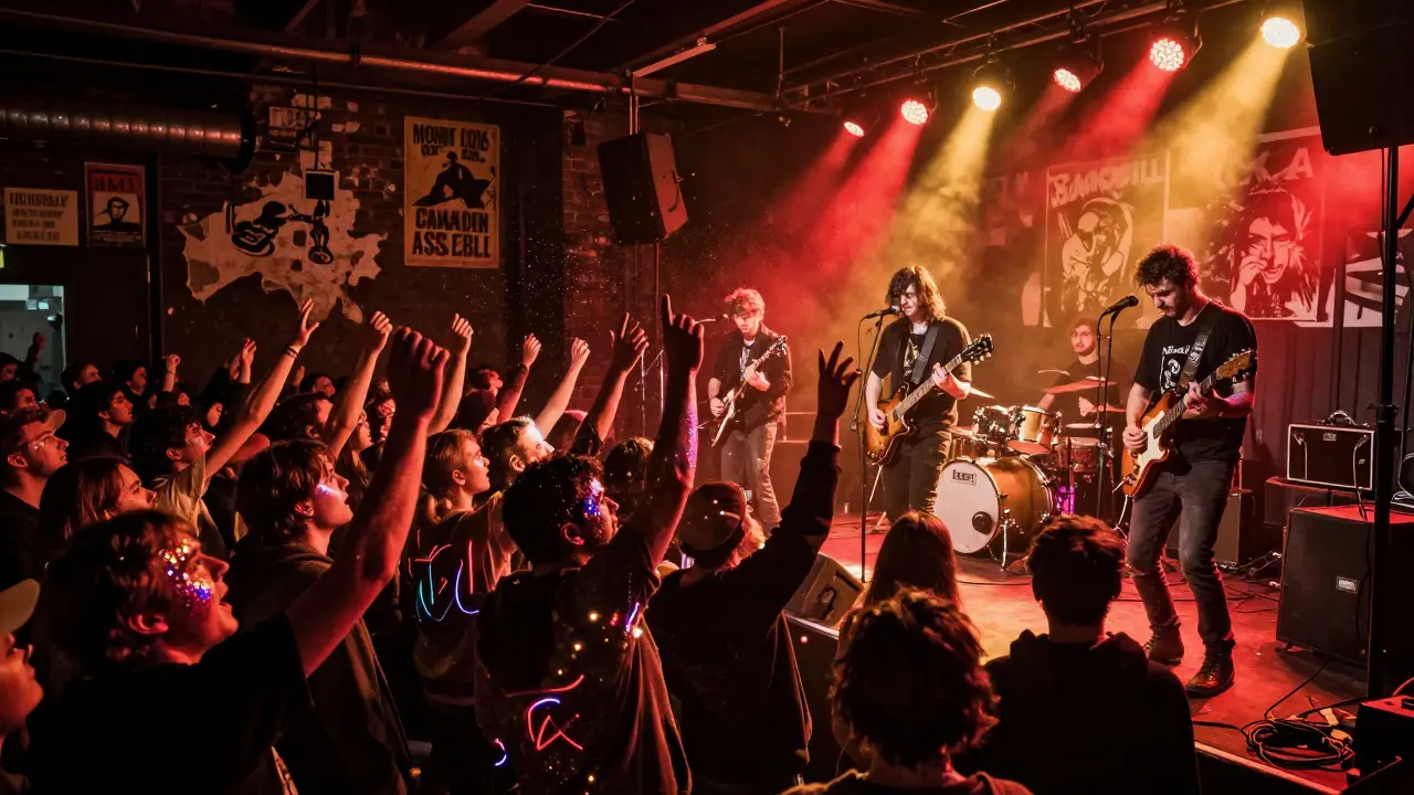 Live band performing in a dim warehouse with glowing crowd raising hands in Camden.