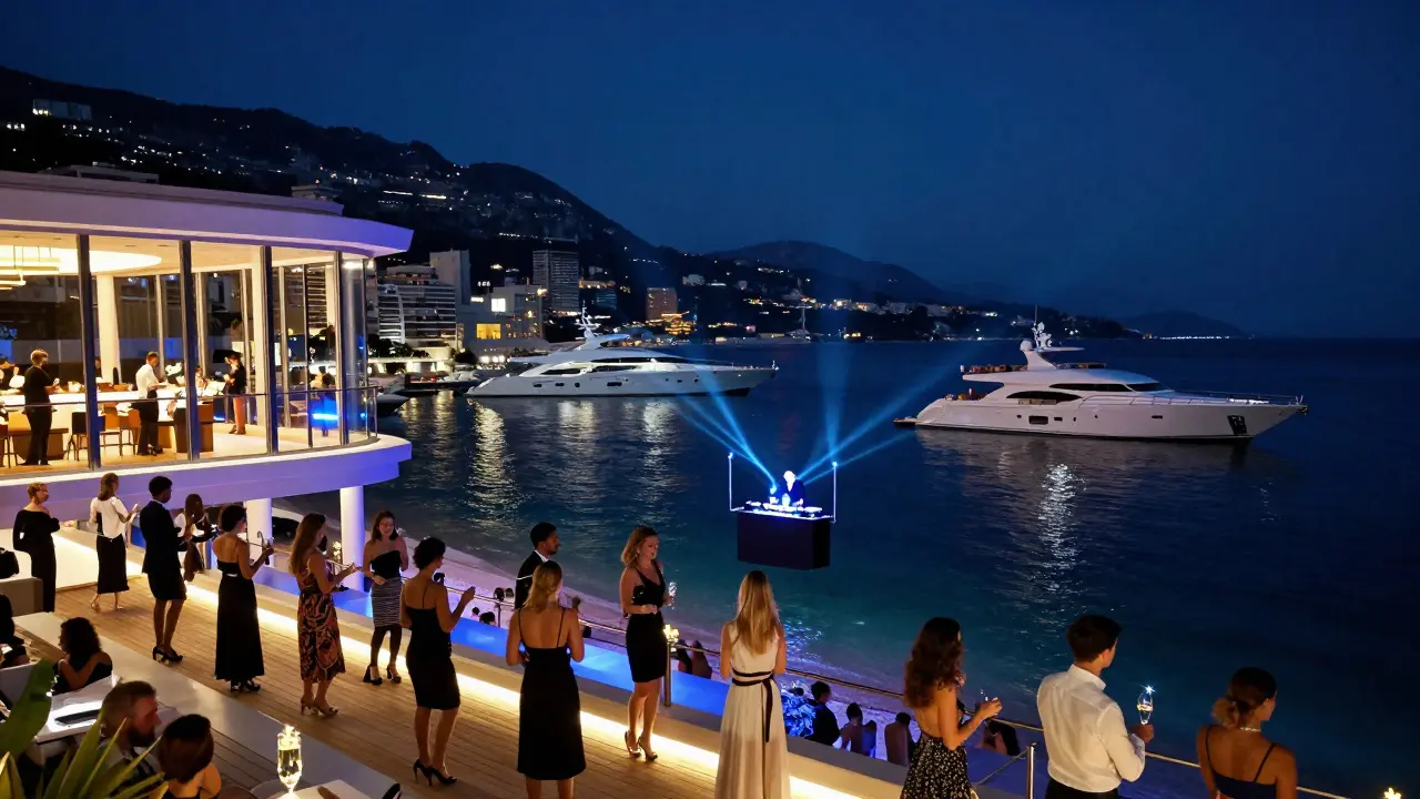 Luxury beach club at night with glowing terrace, illuminated yachts, and elegant guests dancing.