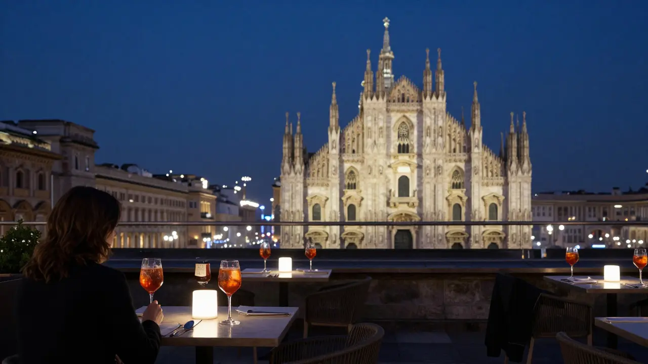 Milan rooftop bar at night with Duomo glowing in the distance, guests enjoying cocktails under twilight sky.