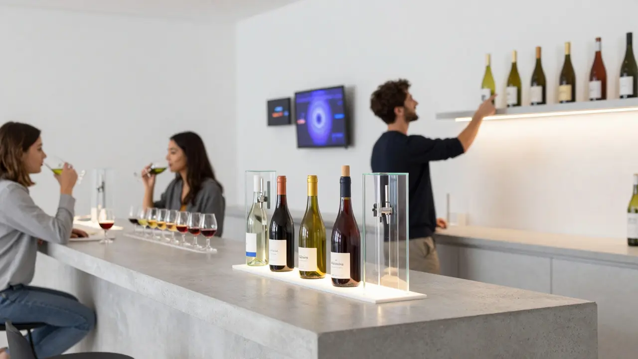 Modern wine bar with tasting flights and young patrons enjoying global wines.