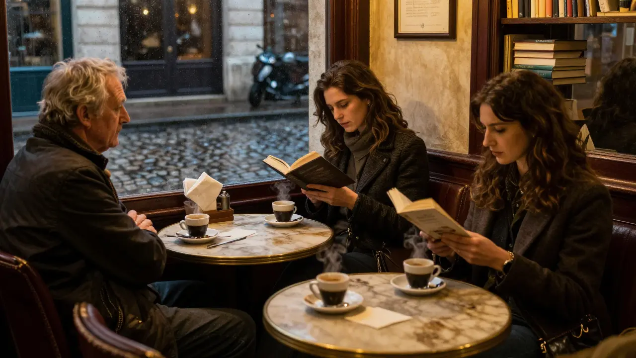 Patrons talk quietly in a warm, rain-lit Parisian café at 2 a.m., surrounded by books and steaming coffee.