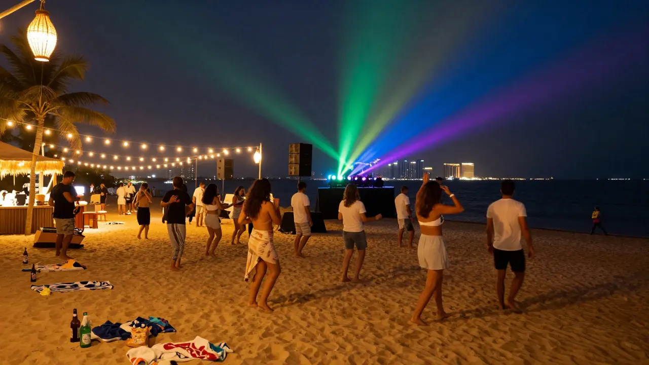 People dancing barefoot on a beach under string lights with ocean and skyline in the background.