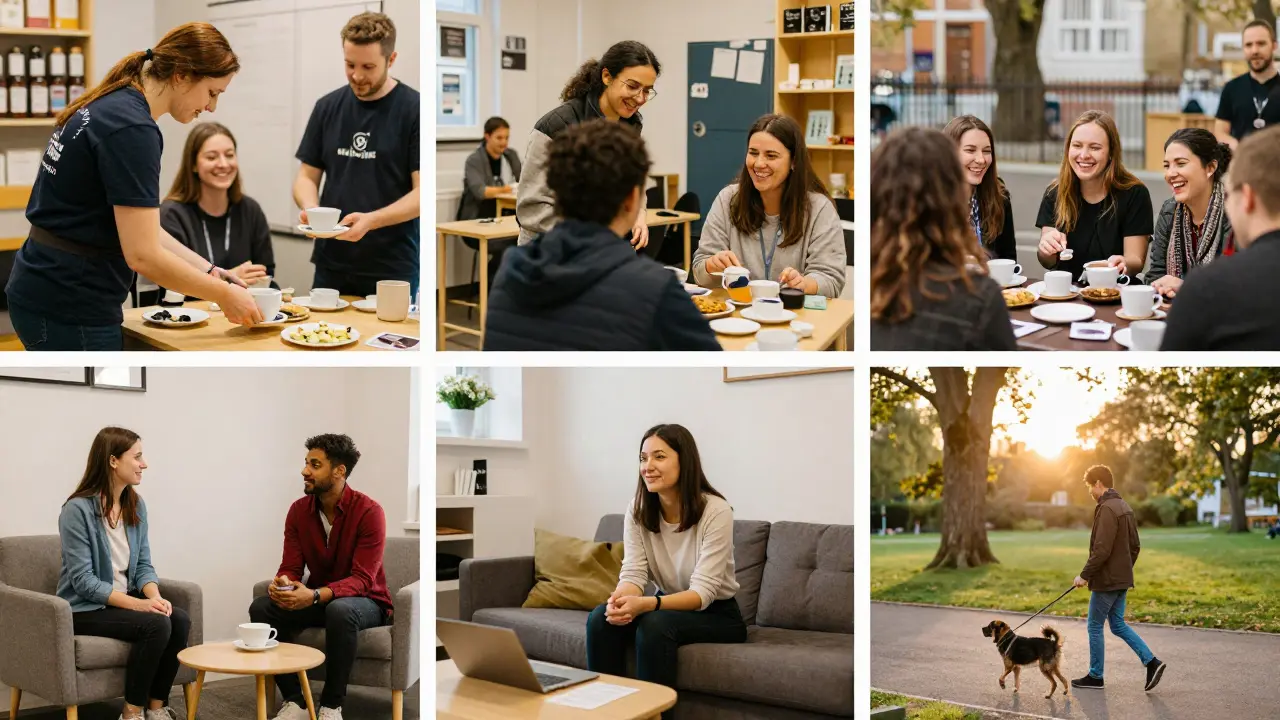 People engaging in community activities—volunteering, chatting, walking—in warm, natural light.