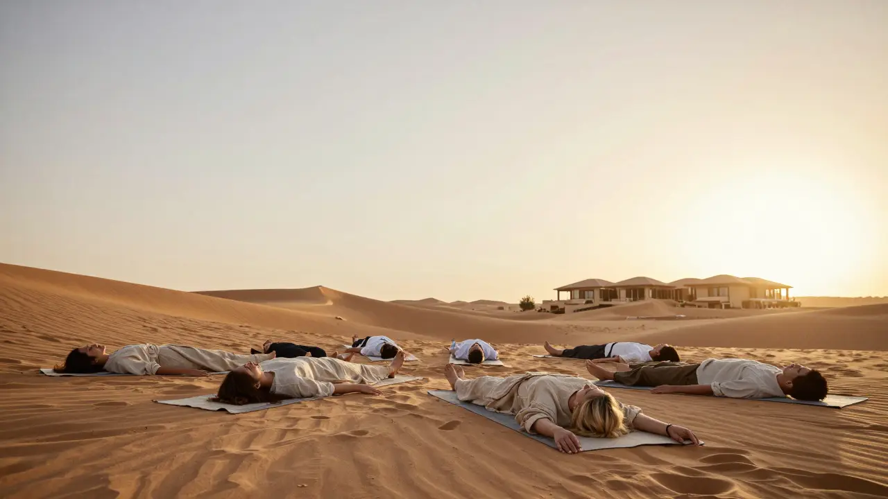 People practice yoga peacefully in the desert at sunset, surrounded by dunes and calm nature.