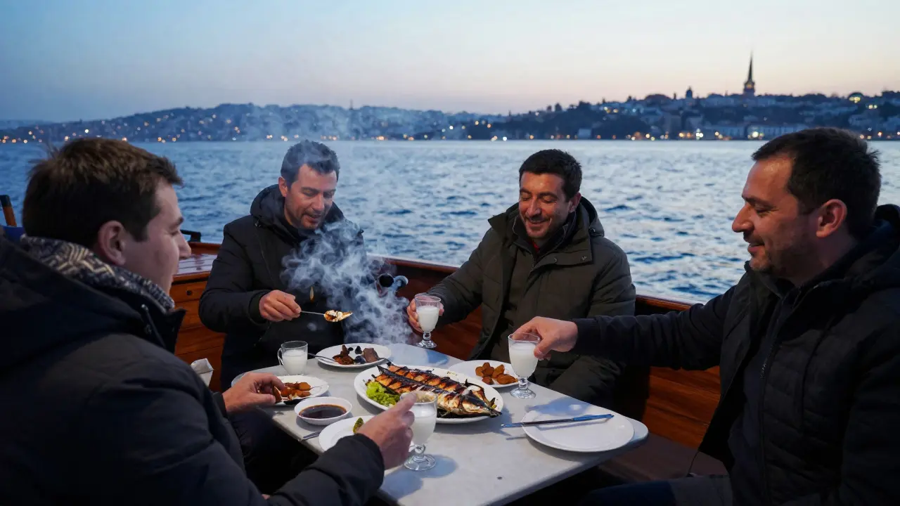Private boat on the Bosphorus at dawn, locals sharing raki and grilled fish as morning light begins to rise.