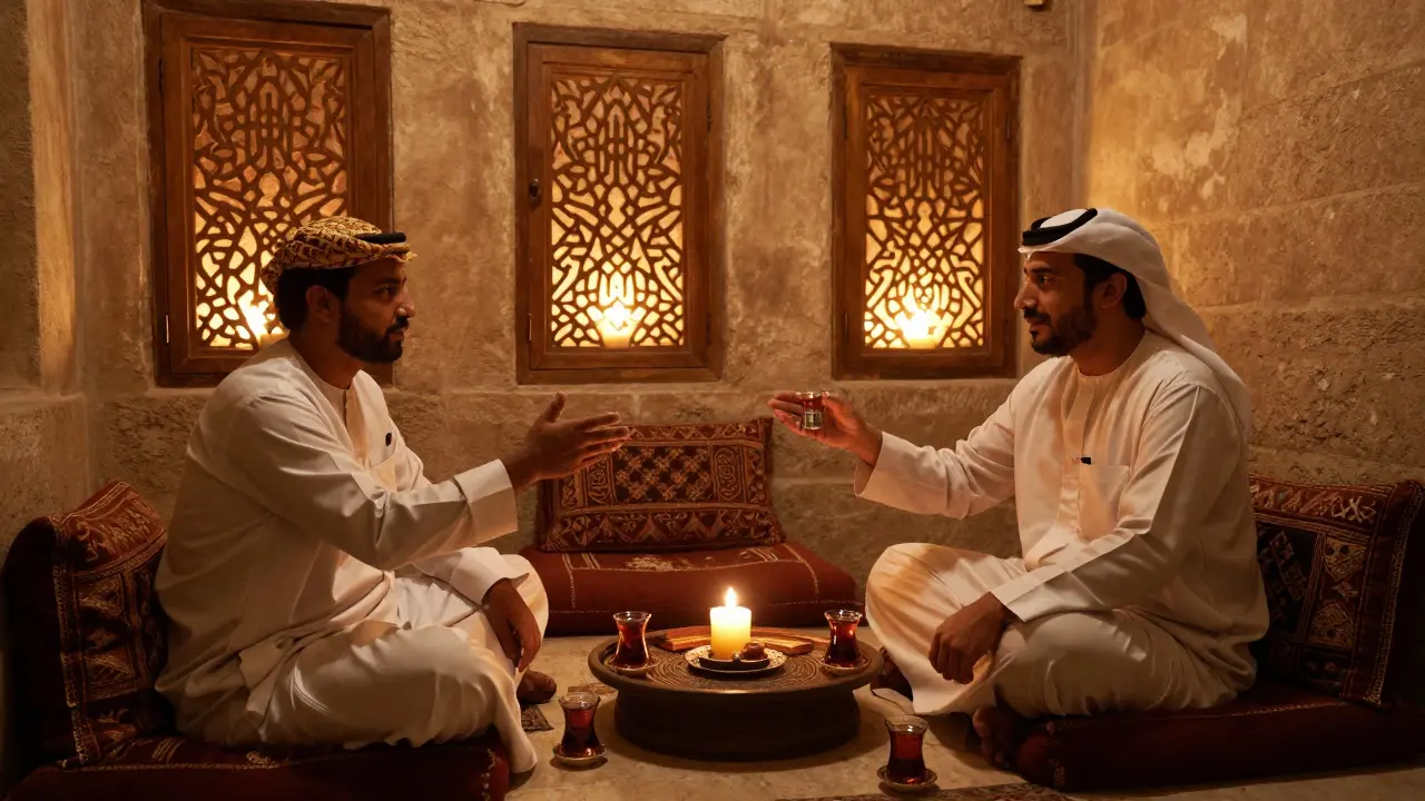 Quiet Arabic-style lounge with candlelight, guests sipping spiced tea in intimate conversation.