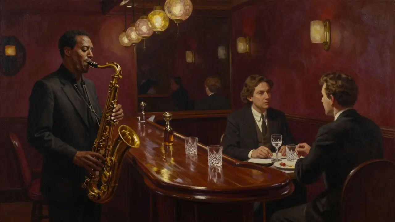 Quiet interior of Le Bar Américain with jazz musician and patrons in dim, warm lighting.