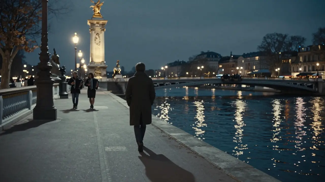 Quiet walk along the Seine under the illuminated Pont Alexandre III