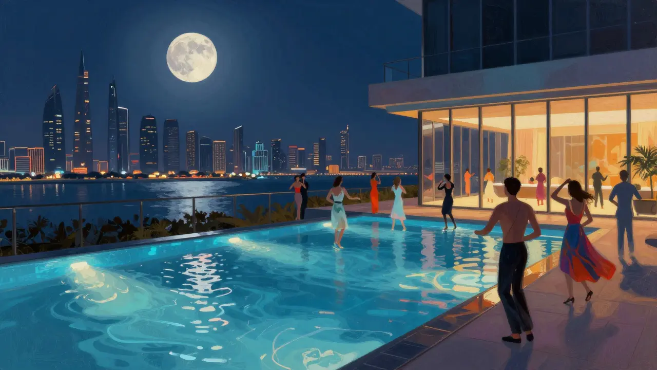 Rooftop pool at W Abu Dhabi turned into a vibrant dance floor with city lights and moonlit skyline.