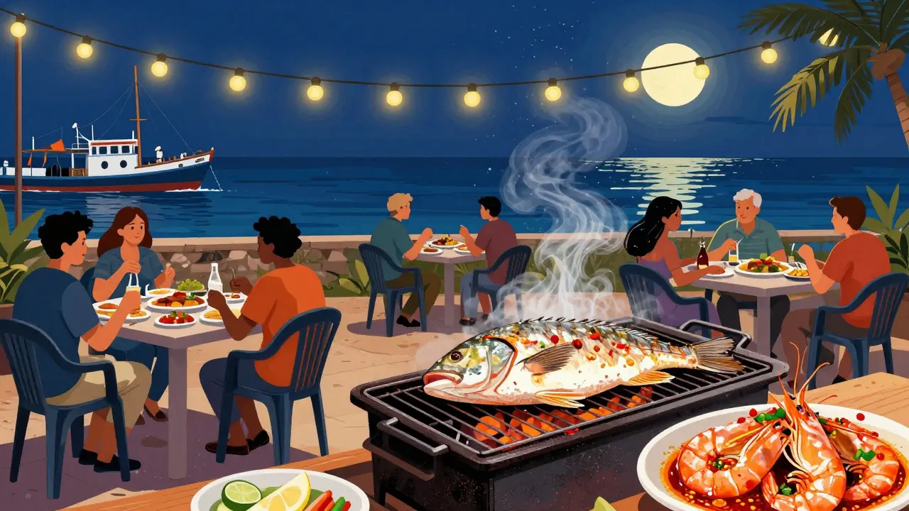 Seafood grilled outdoors at night with fresh catch and Gulf views.
