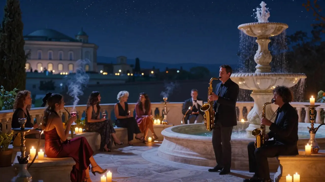 Secret jazz performance in a moonlit museum courtyard with guests sipping brandy under candles.