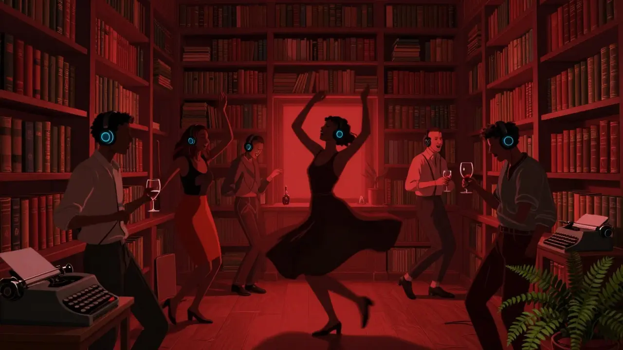 Silent disco in a book-filled library where people dance quietly wearing headphones.