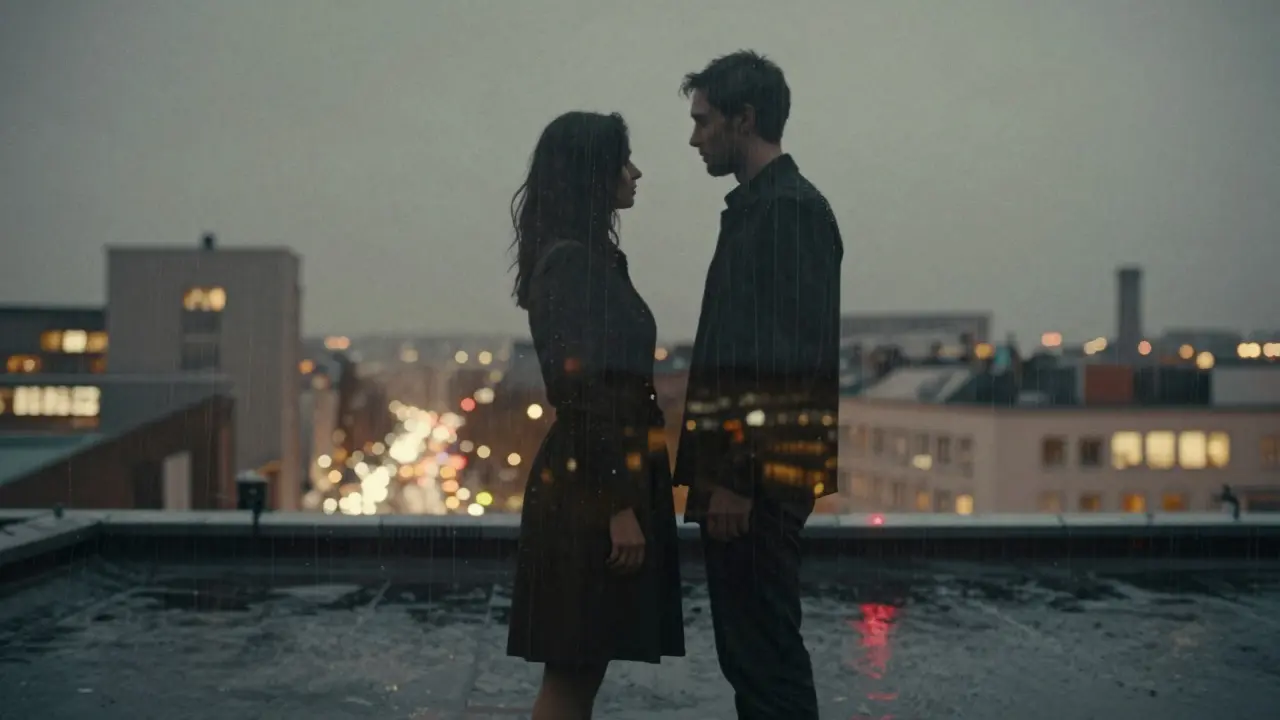Silhouetted figures on a rainy rooftop, reflections blending with city lights, symbolizing quiet connection and privacy.
