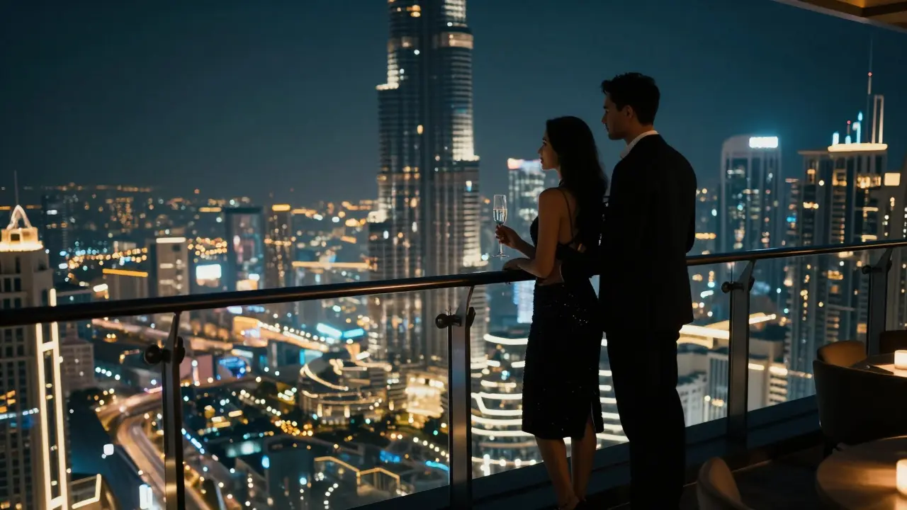 Silhouettes of a couple on a rooftop lounge overlooking Dubai’s glittering skyline at night.