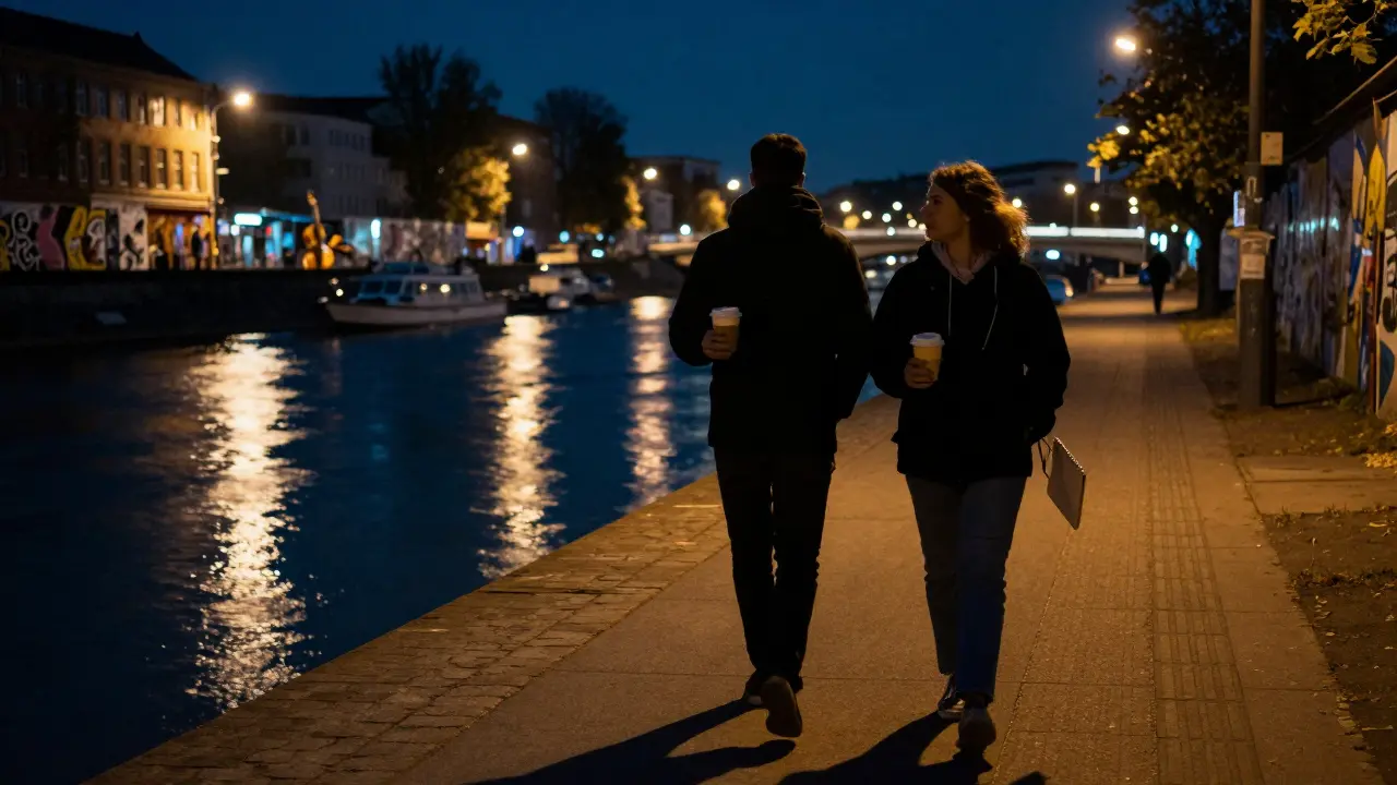 Silhouettes walking along the Spree River at night, illuminated by the East Side Gallery and city lights.