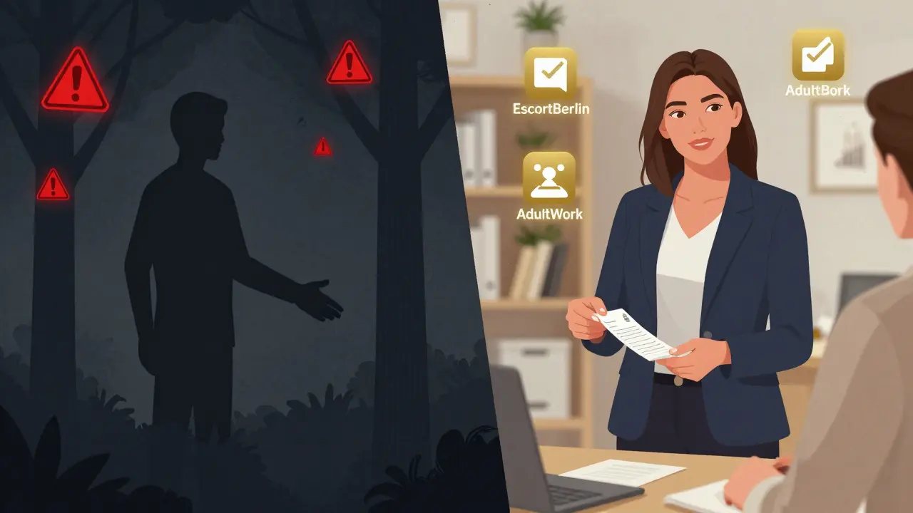 Split image contrasting dangerous street meeting with safe professional encounter, symbolic warning and verification icons.