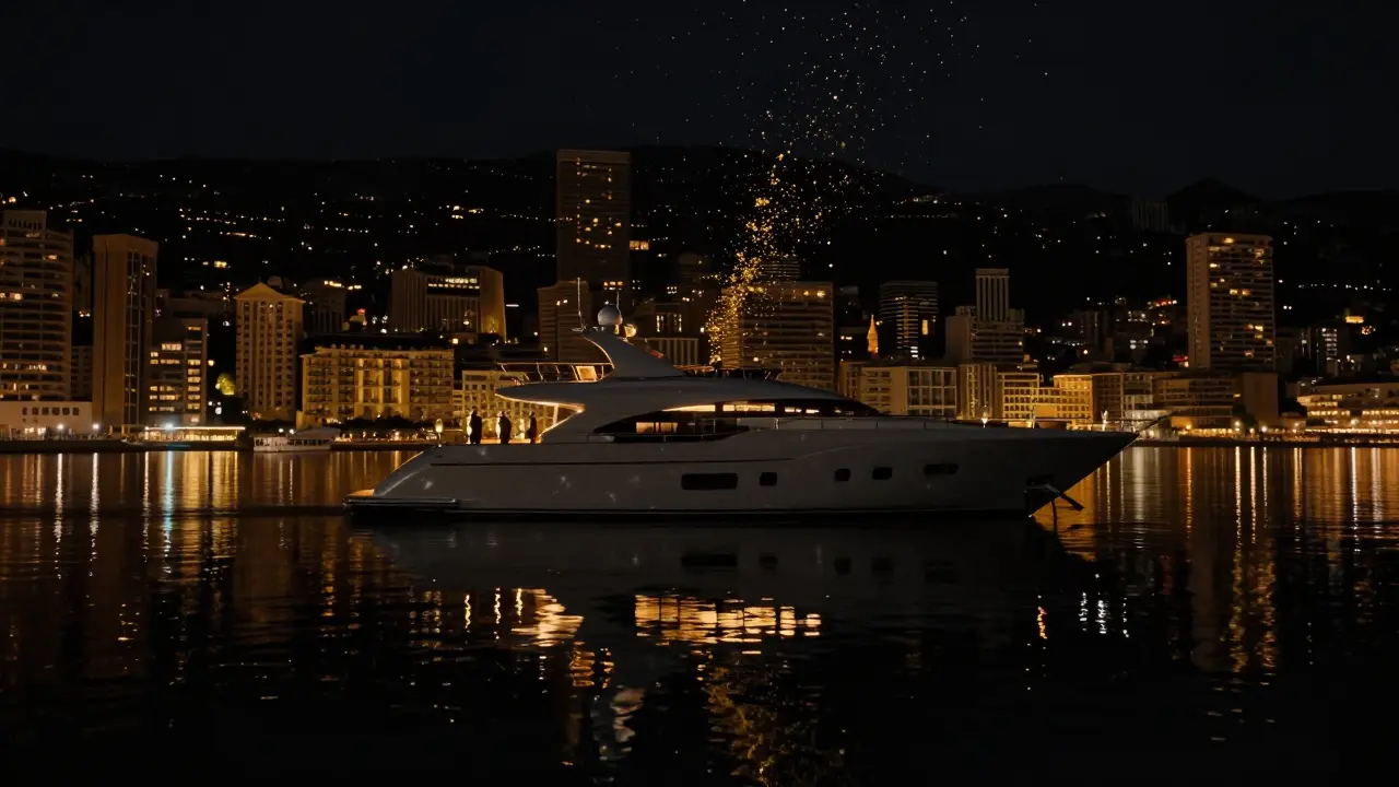 Superyacht reflecting Monaco’s skyline on calm midnight water with golden glows.
