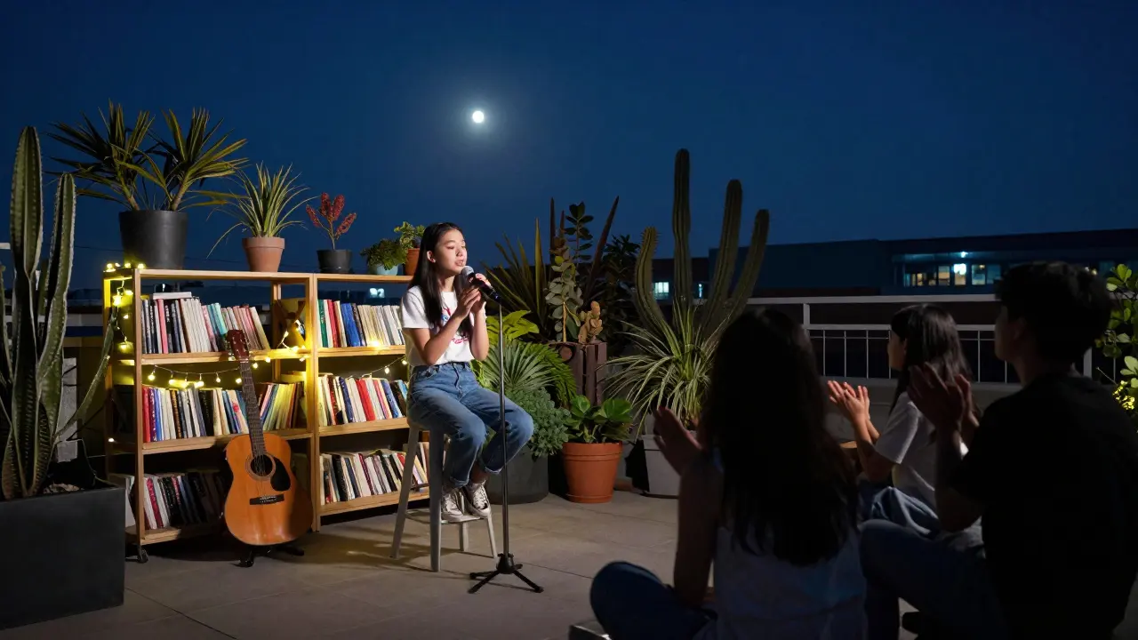 Teen girl singing a poem on a rooftop garden under fairy lights, surrounded by books and moonlight.