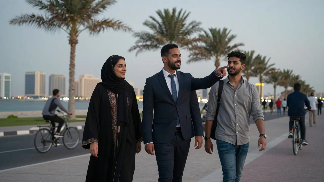 Three people walking along Abu Dhabi's Corniche at dusk, sharing a moment of companionship under palm trees.