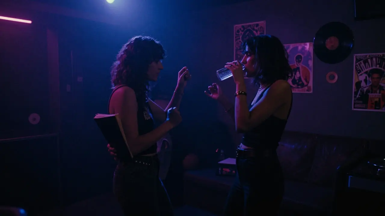 Two people dancing freely in a dim Berlin nightclub, surrounded by shadows and ambient light.
