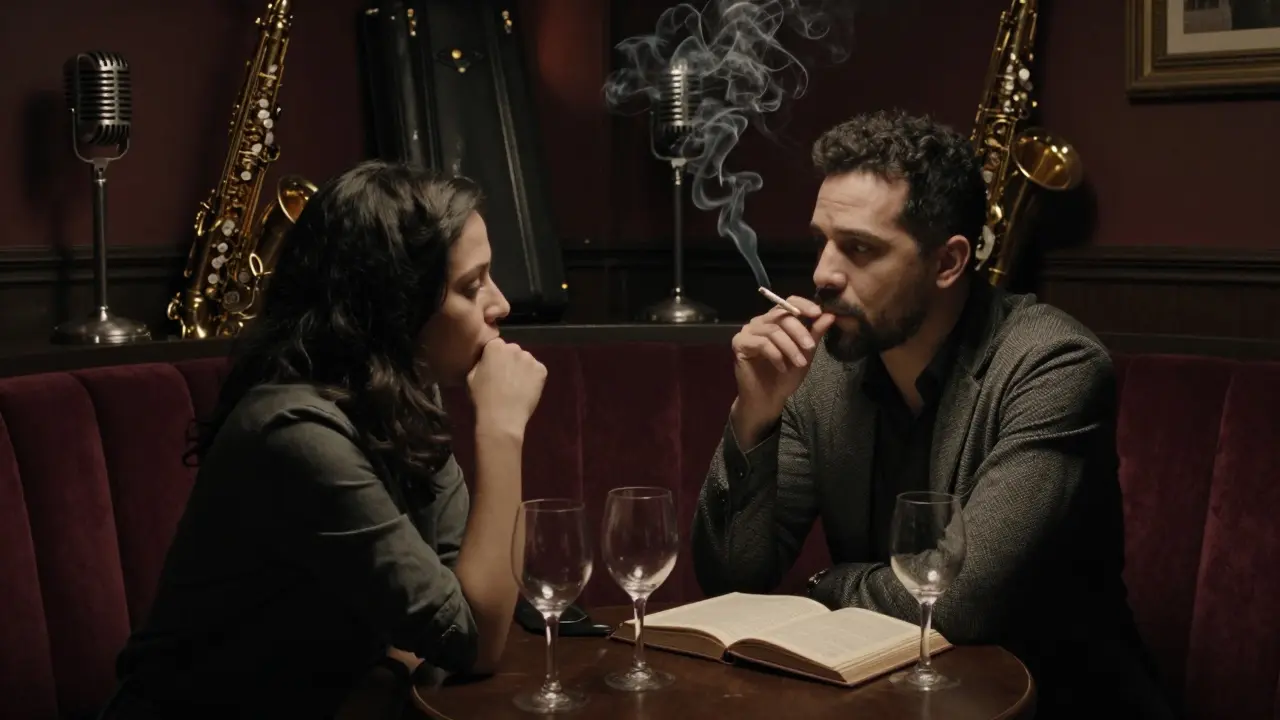 Two people sharing a quiet moment in a dimly lit Paris jazz club, surrounded by vintage music instruments.