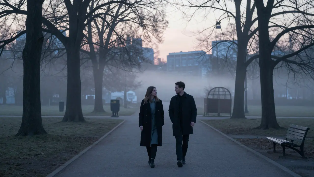 Two people walk silently through Tiergarten park at dawn, mist rising around them in the quiet city.