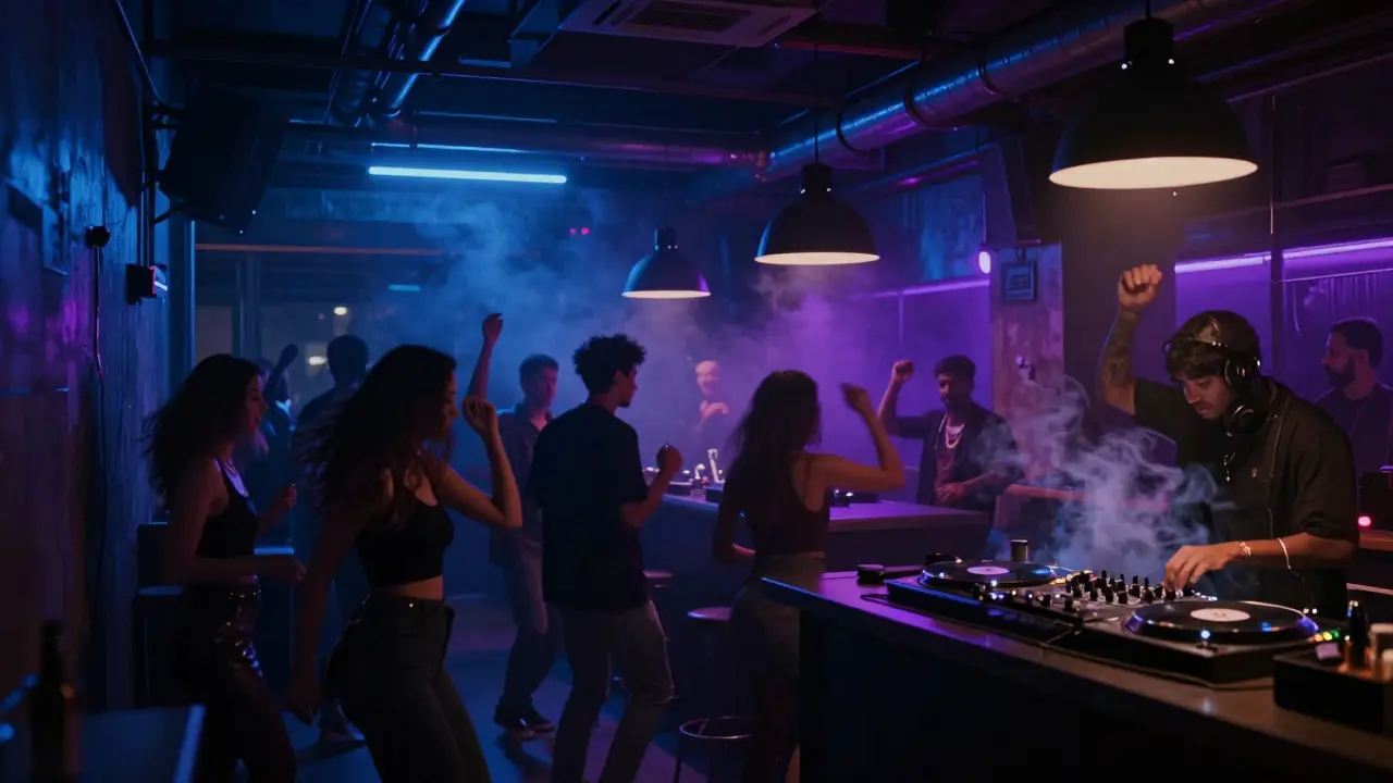 Underground nightclub with vibrant neon lights and people dancing, moody and atmospheric interior.