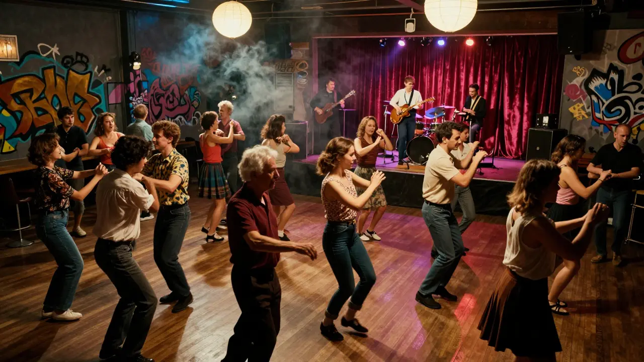 Vibrant 1920s-style dance hall with diverse crowd dancing under flickering lights and live band.