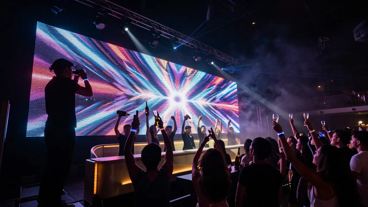 Vibrant crowd dancing under LED walls and spotlights at White Dubai nightclub at midnight.
