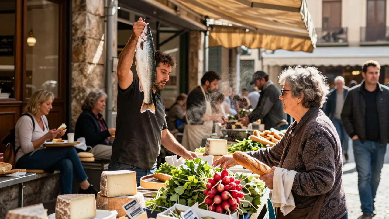 Vibrant local market with fishmongers, haggling customers, and people eating cheese on stone steps.