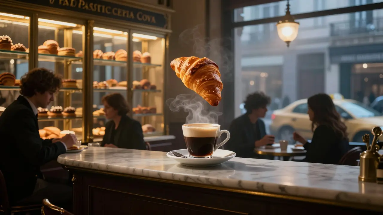 4 a.m. pastry shop sanctuary with floating cornetto and espresso in soft morning light.