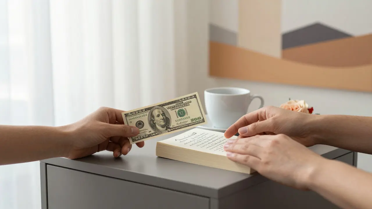 A 0 bill beside a book of poetry on a hotel nightstand, symbolizing companionship without physical contact.