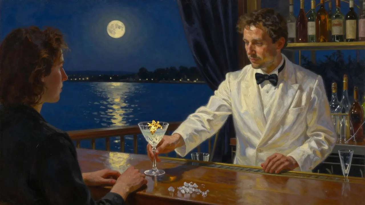 A bartender presents a golden cocktail at Blue Bay terrace, moonlight reflecting off crystal glasses and the dark sea beyond.