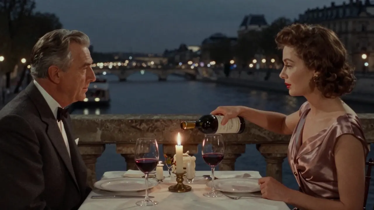 A couple dines by candlelight at a Paris restaurant with the Seine glowing in the background.