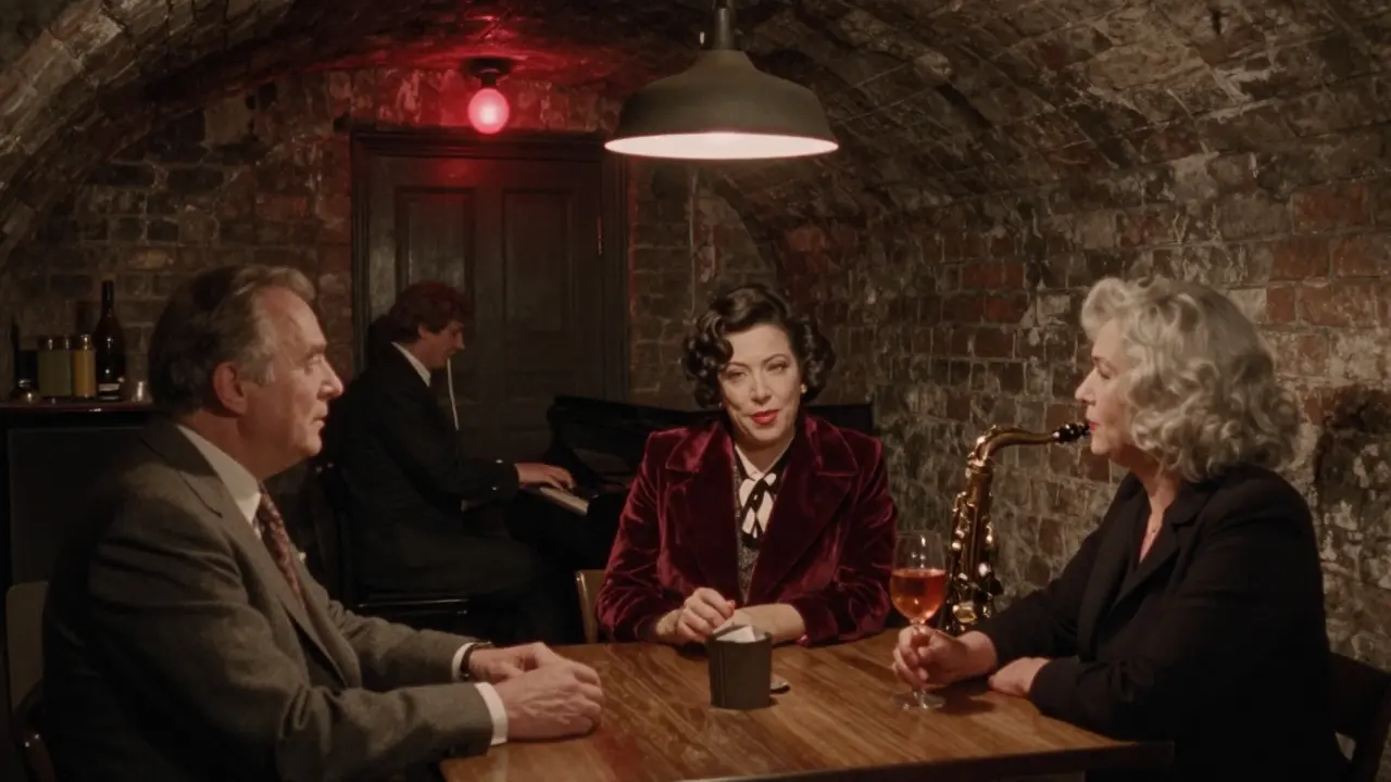 A cozy basement jazz bar in Monaco with an elderly pianist and quiet patrons under a single red light.