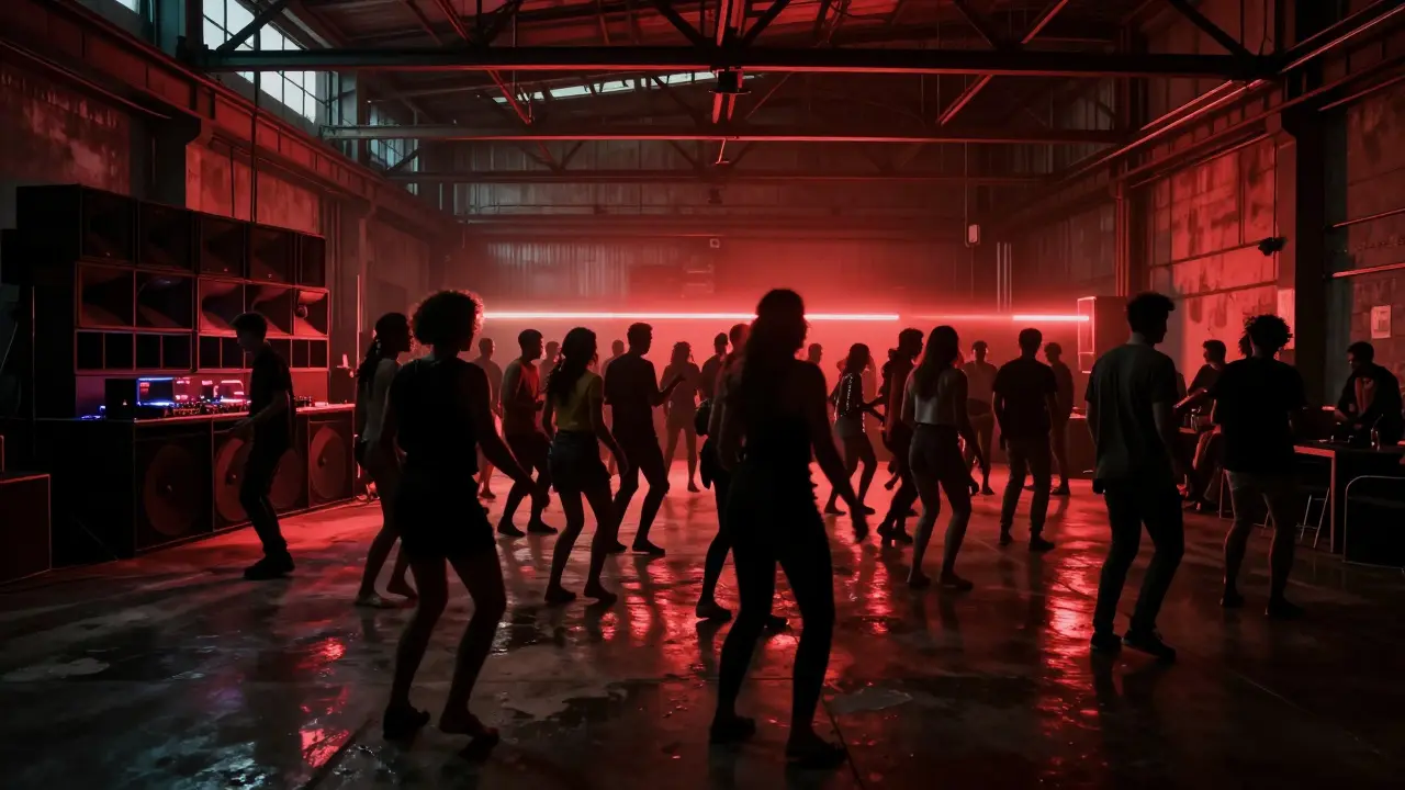 A dark industrial club in Paris at night, silhouettes dancing to techno under pulsing red lights.
