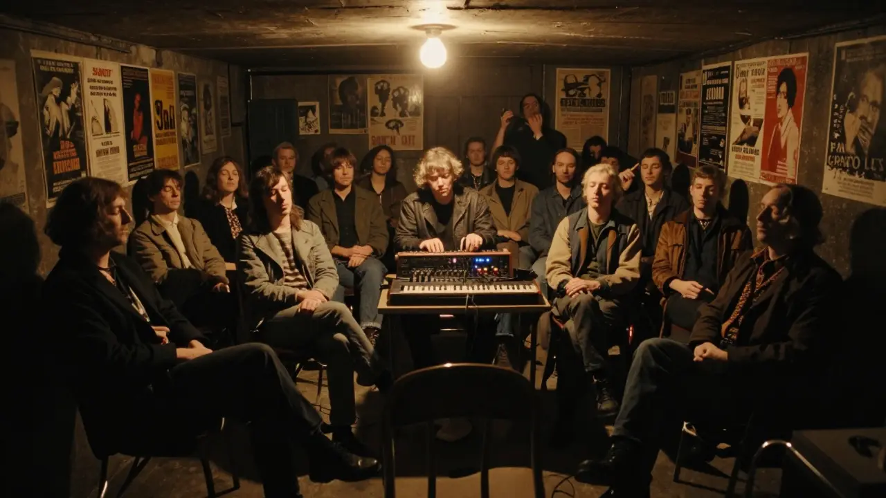 A dimly lit basement venue where listeners are absorbed in experimental electronic music.