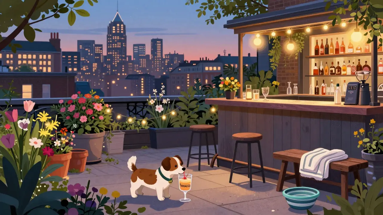 A dog sips a non-alcoholic drink on a flower-filled rooftop terrace with city lights behind.