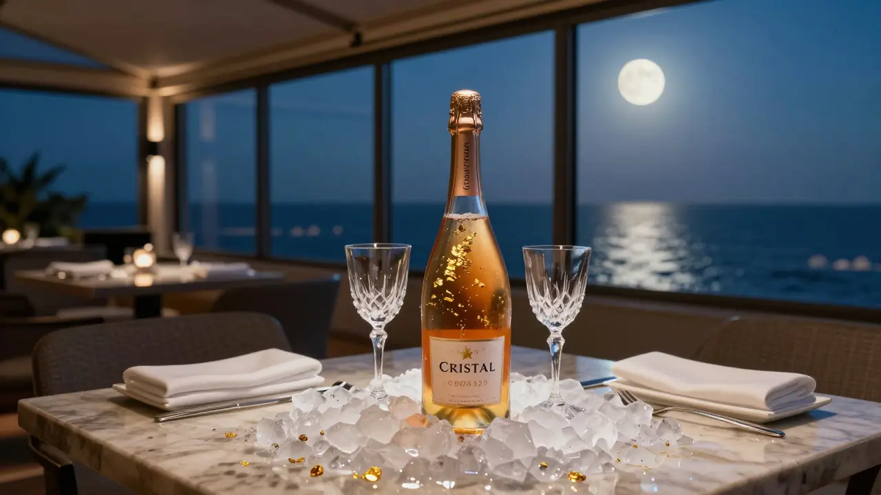 A golden-lit 3-liter bottle of Cristal Rosé on ice at a rooftop lounge overlooking the Mediterranean at night.
