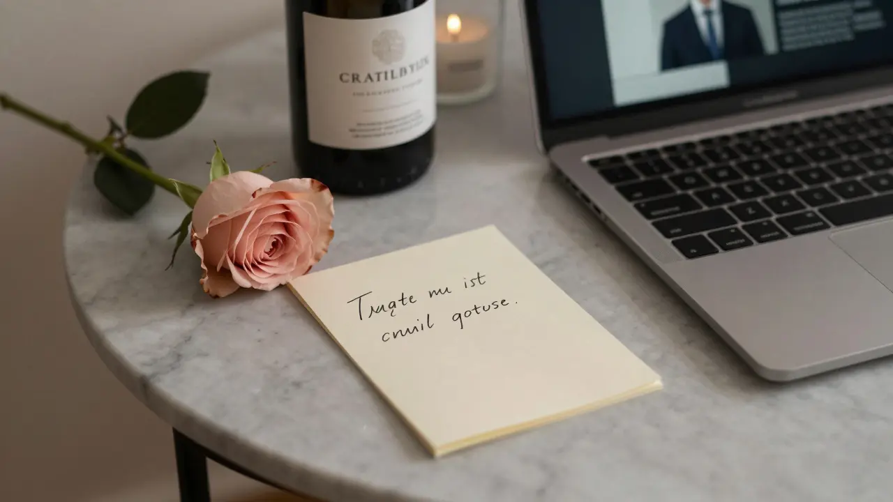 A handwritten note, rose, and wine bottle on a marble table, symbolizing a respectful ending.