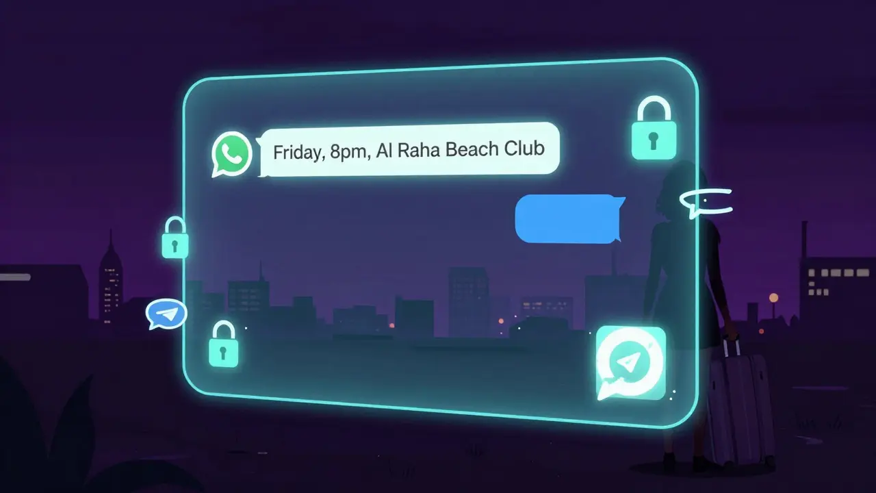 A hidden WhatsApp message floating in darkness with encrypted symbols, hinting at private escort arrangements.