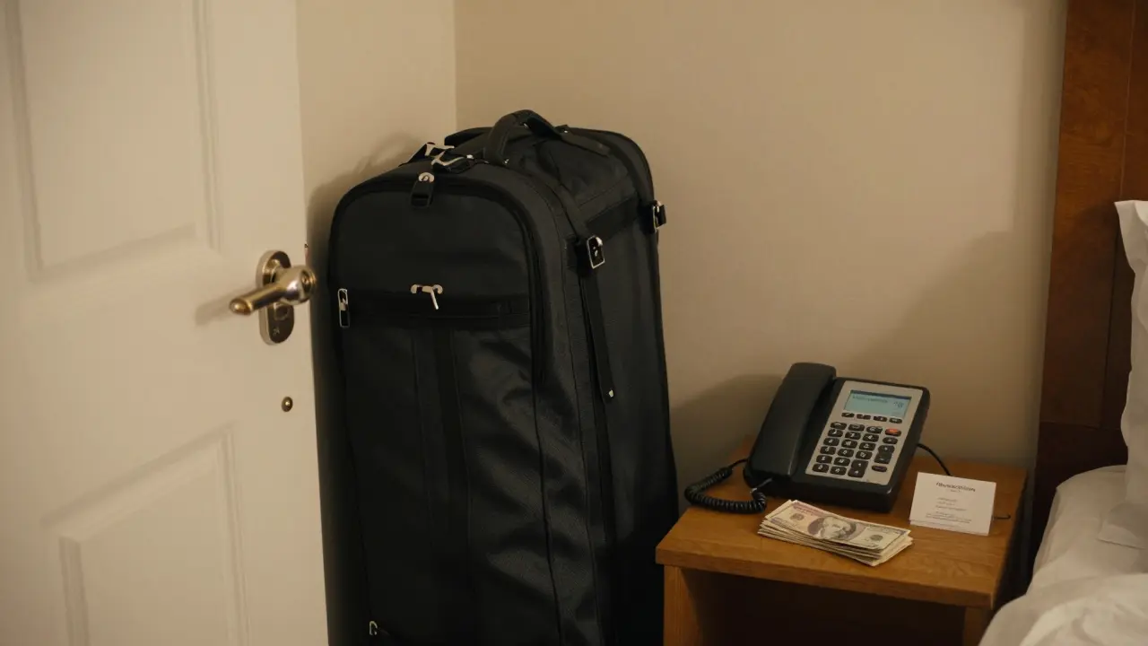 A hotel room with a packed bag, locked door, and cash on nightstand beside a therapist's card.